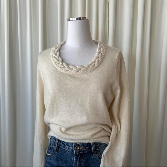 Charter Club 2-ply 100% Cashmere Cream Sweater Braided Crewneck Soft Knit Large. - Picture 2 of 8